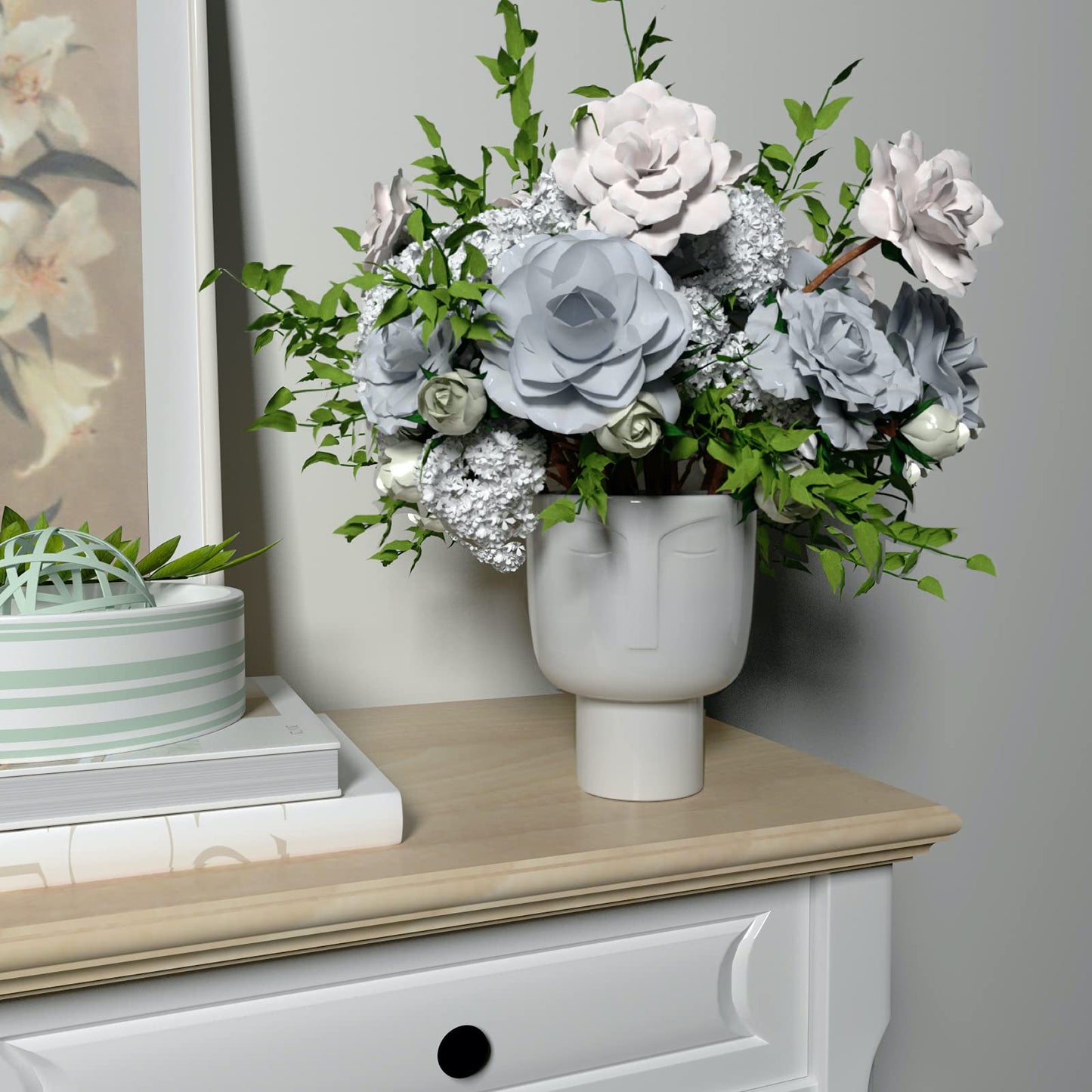 Planters for Indoor Plants - Tall 7 Inch Ceramic Self Watering Pots Matte White Plant Pot with Drainage & Inner Pot Face Vase Or Head Planter Unique Face Pots for Plants. Medium 5.5 Inch Wide