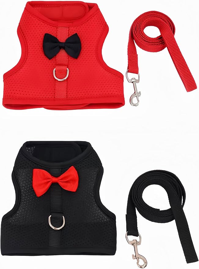 2 Pack Adjustable Bunny Rabbit Harness and Leash Set Breathable Mesh Vest Harness for Rabbits Kitten Ferret Puppy Small Pets Walking Supplies-Red&Black,S