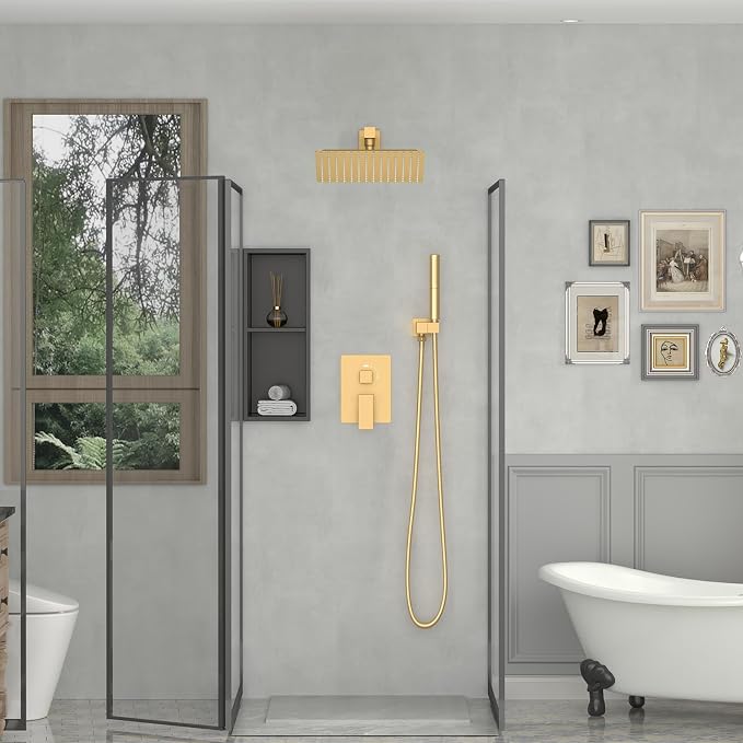 BESy 10 Inch Rain Shower Head, 10" Square Rainfall & High Pressure Stainless Steel Bath Showerhead, 1/16" Ultra Thin, Waterfall Full Body Coverage with Silicone Nozzle, Brushed Gold