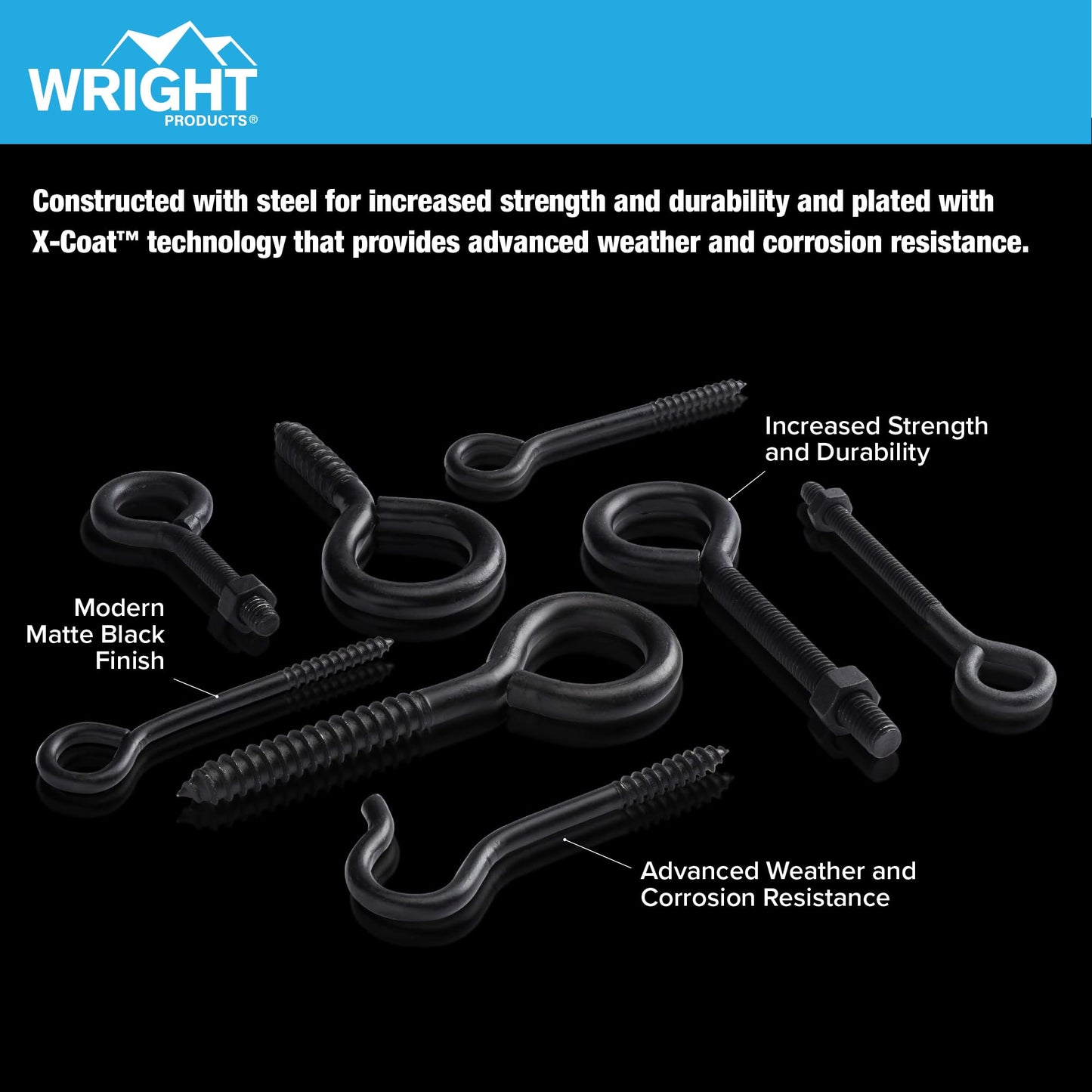 Wright Products Ceiling Hook, 10-Pack, 5 inch x .38 inch, Heavy-Duty, Weather Resistant for Indoor or Outdoor Use, for Hanging Plants, Lights, and Decorations - Matte Black