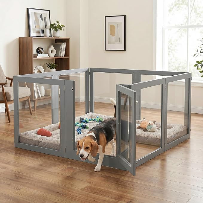 Heavy Duty Clear Acrylic Dog Playpen for Small/Medium Pets โ 32" High Clear Pet Pen with Sturdy Metal Frame, Walk-in Kennel, Expandable Indoor & Outdoor Pet Play Yard