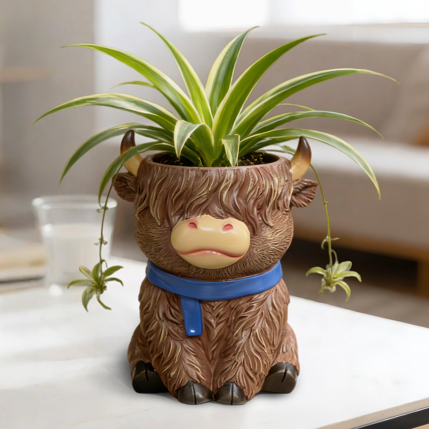 ASDFG Cute Highland Cow Planter Pot - Resin Succulent Pot with Drainage, Aesthetic Scottish Cow Flower Pot for Boho Home Decor, Desk, Patio | Unique Cow Gifts for Women, Mom, Plant Lovers (Brown)