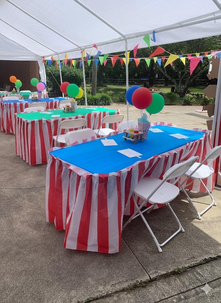 Oojami Pack of 4 Classic Red & White Striped Table Skirts - Perfect for Carnival, Circus Themed Parties, and More - Easy to Apply, 14ft Length Each