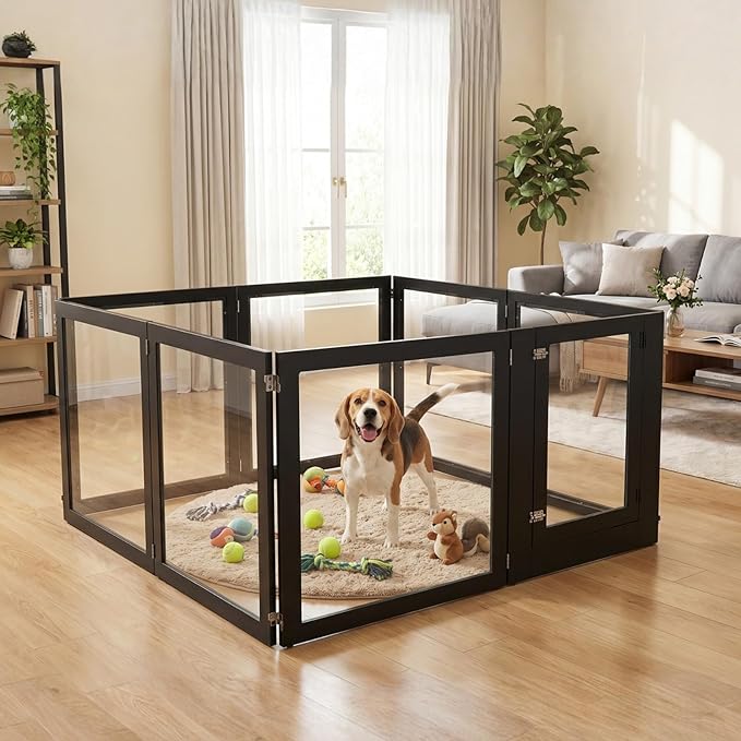 Heavy Duty Clear Acrylic Dog Playpen for Small/Medium Pets โ 32" High Clear Pet Pen with Sturdy Metal Frame, Walk-in Kennel, Expandable Indoor & Outdoor Pet Play Yard (Black, 8 Panels Including Door)
