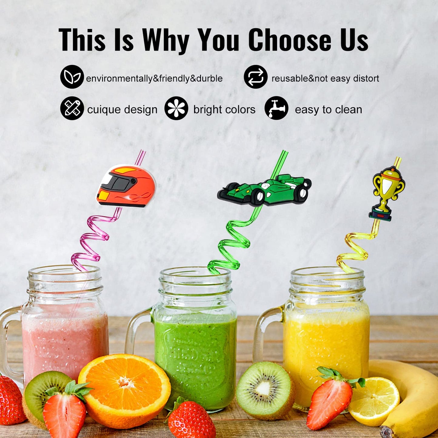 24Pcs Race Car Reusable Straws Party Decorations Birthday Party Supplies Drink Markers with 2Pcs Cleaning Brushes