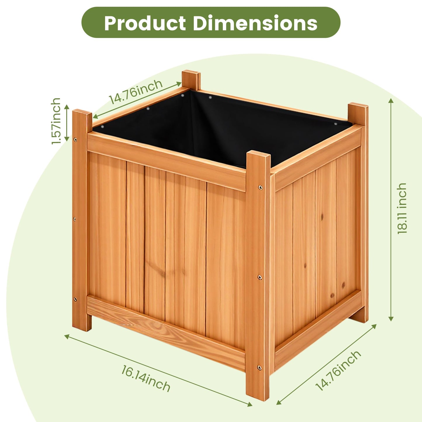 Ultym Set of 2 Wooden Planter Boxes Outdoor, 16.1" Square Fir Wood Flower Planters with Liner, Drainage Holes & Removable Bottom Board, Natural Wood Outdoor Bucket Planter for Patio Porch Yard Garden
