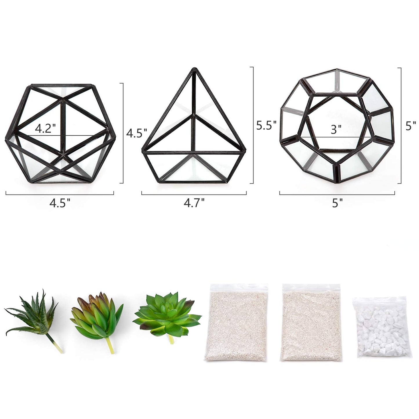 Mkono Artificial Succulent in 3 Pack Mini Glass Geometric Terrarium, Miniature Potted Faux Plant Bookshelf Desk Boho Office Room Decor for Women Girls Dorm Gift Idea, Black