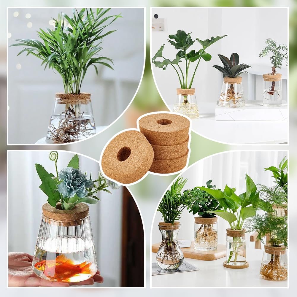 OLYCRAFT 4 Pack Cork Lids for Glass Planters 3.5~3.9 Inch Hydroponic Lids 1.2 Inch Thick Terrarium Cork Covers with 1.2 Inch Hole Natural Cork Stoppers for Hydroponic Plant Propagation Growing Vases