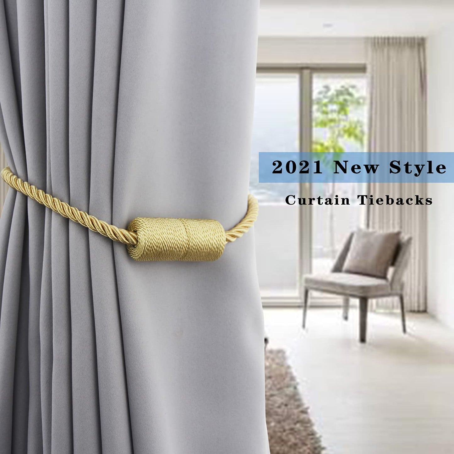 Porlau 6 Pack Gold Strong Magnetic Curtain Tiebacks Outdoor Elegant Decorative Tie Backs Modern Rope Tiebacks for Drapes Window Curtain Holdbacks for Draperies