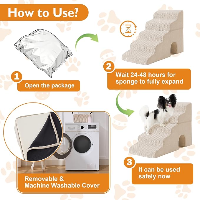 Dog Stairs for Bed 23’’ H, 5-Step Dog Steps for High Bed, Foldable Pet Stairs for Small Dogs and Cats to Get on Beds, Couch, Non-Slip Balanced Pet Steps and Ramp with Waterproof Cover, Beige