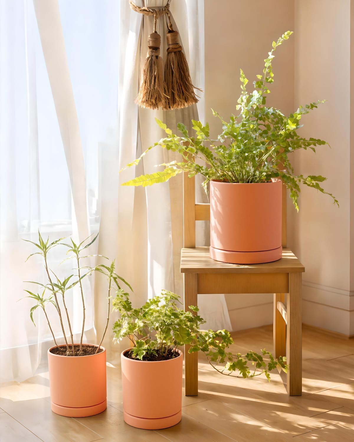 vensovo Terracotta Pots with Drainage and Saucers - 3.5/4.2/5.2/6.0 Inch Clay Planters Set of 4, Round Cylinder Flower Pots for Succulents, Herbs, Indoor Outdoor Plants
