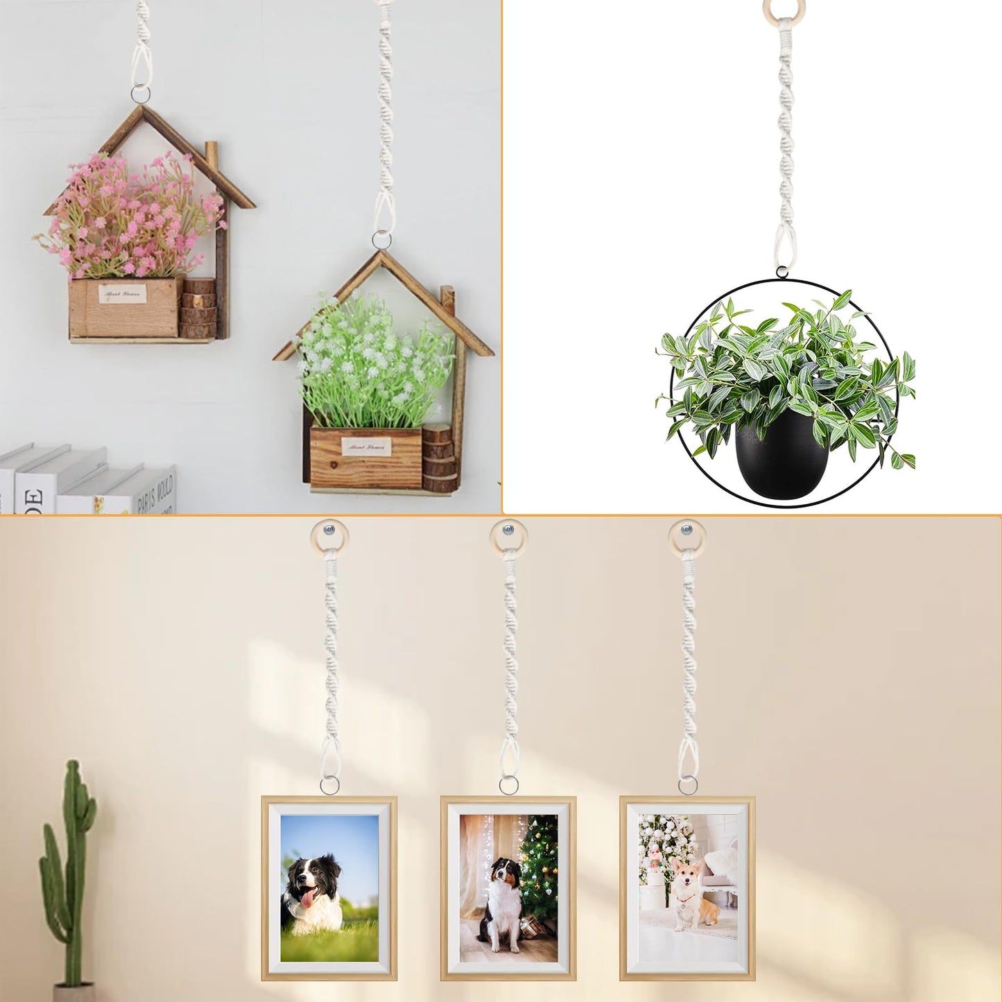 6 Pack Adjustable Macrame Plant Hanger Extenders Connectable Rope Hanging Plant Extender Handmade Woven Hanging Basket Extension with Wooden Ring for Indoor Outdoor Plant Pot Holder (Style 1, 6)
