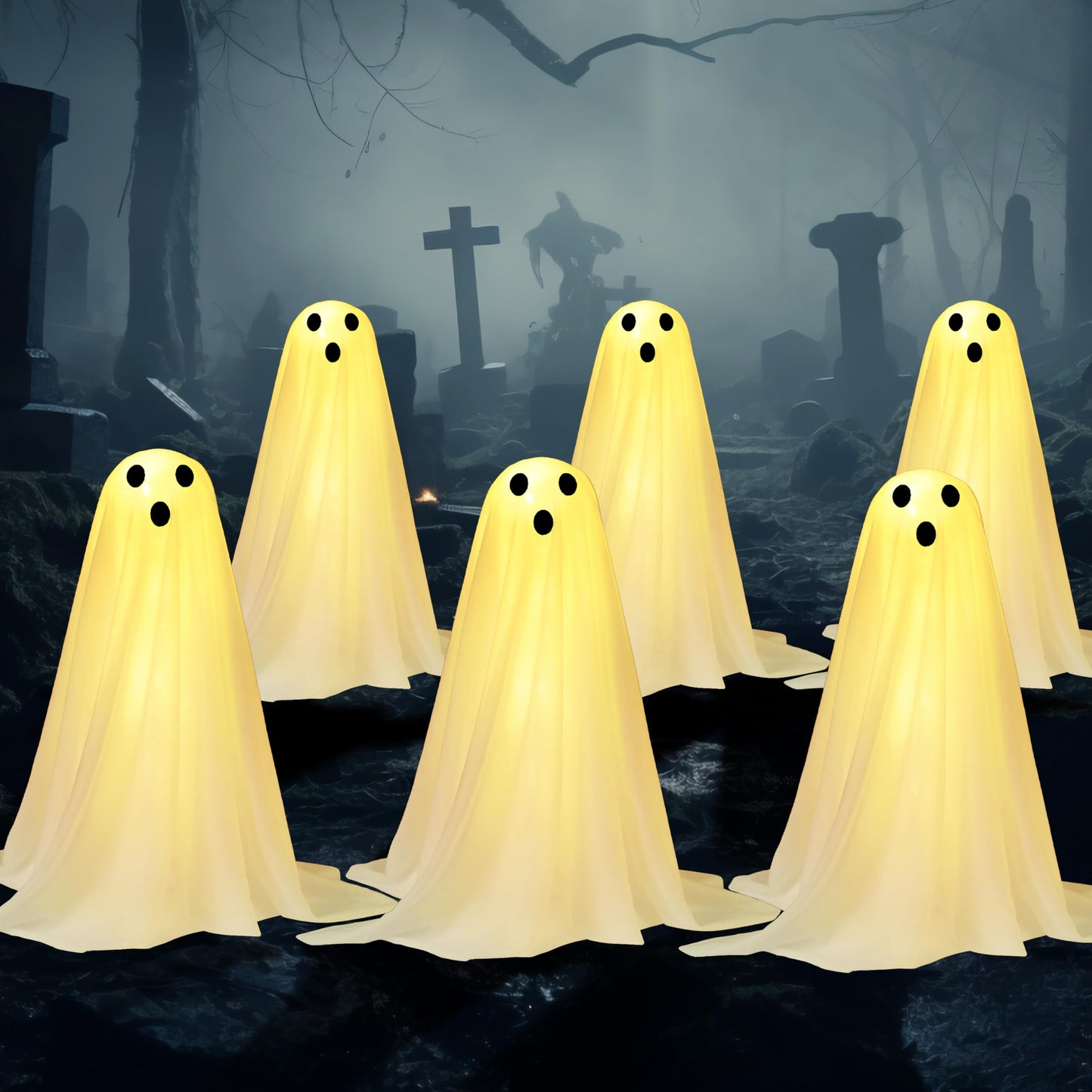 JOYIN 3 Pcs Halloween Decorations Outdoor Ghosts Pathway Lights, 18” White Cloth Ghost with White Light Up Yard Stakes for Graveyard Yard Lawn Garden Prop, Party Decor Supplies