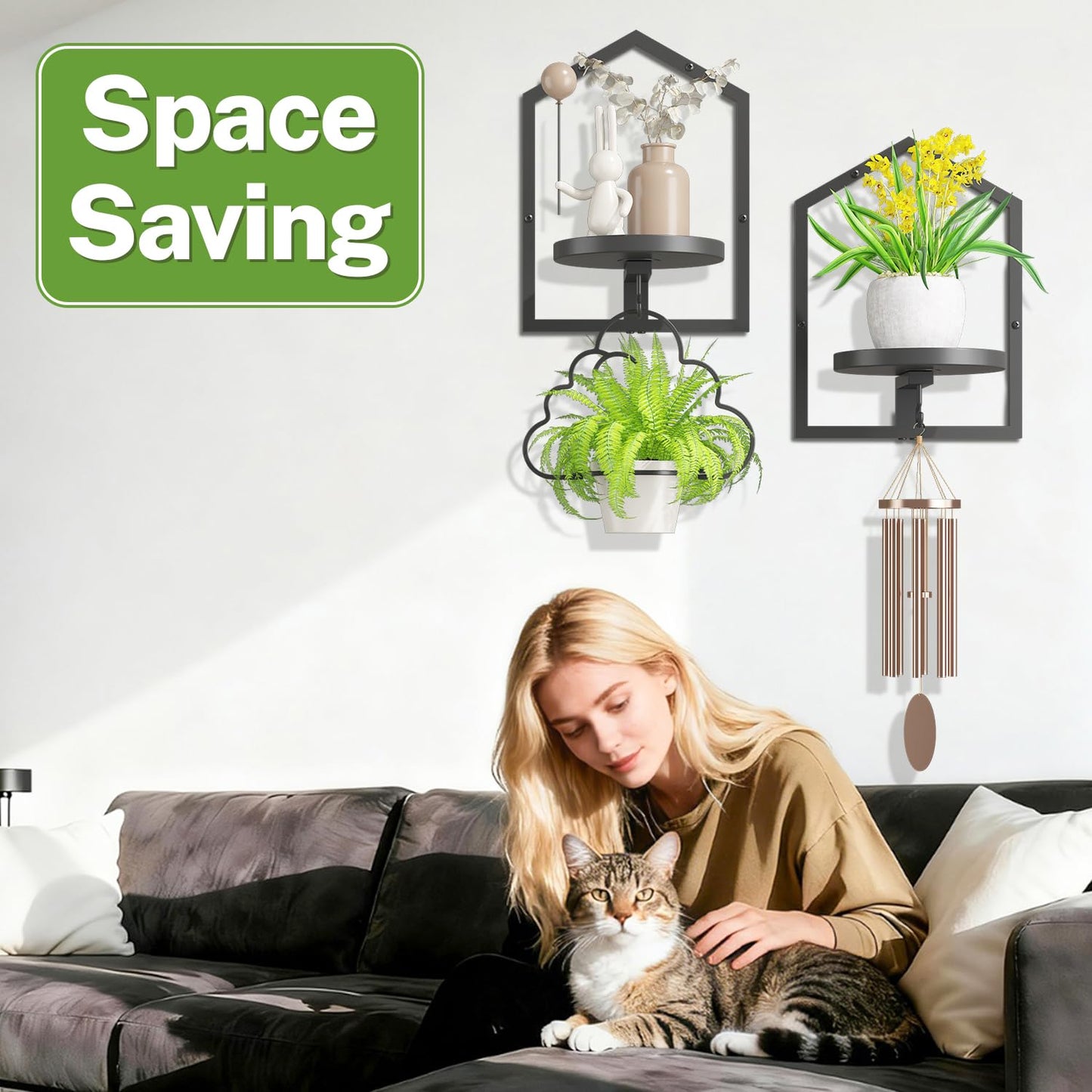 iDavosic.ly Wall Plant Picture Frame Holder Set of 2 for Indoor, Metal Stand with Hanging Hooks, Floating Flower Display Home Decor, Space Saving & Easy to Assemble (Pots/Chains/Plants Not Included)