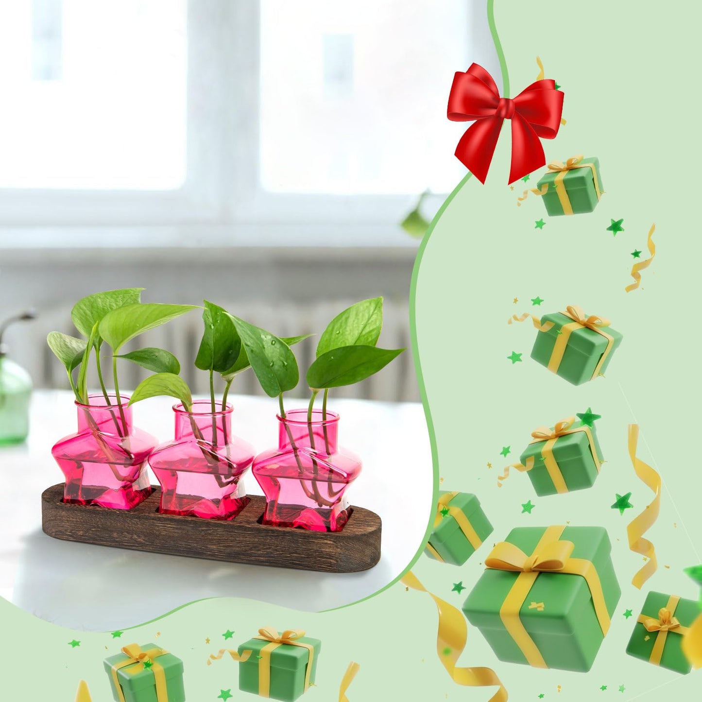 XXXFLOWER Plant Propagation Station with Wooden Stand,Air Plant Terrarium Starter Kits Star Vases for Flowers Plant Cutting Rooting Pots Indoor Hydroponic Glass Planter for Plant Lovers,3 Jars(Pink)