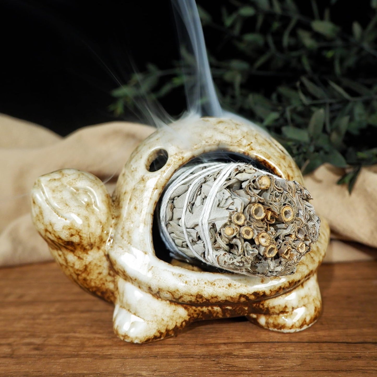 Mougigi Handcrafted Brown Ceramic Turtle Mini Chiminea Palo Santo Burner Holder ,for Burning Sage、Cone Incense、Copal&Small Candle,Thoughtful Gifts for Meditation, Yoga, Aromatherapy Altar、Zen Spaces