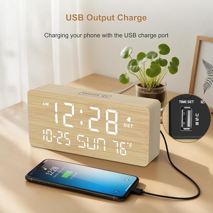 DreamSky Wooden Digital Alarm Clocks for Bedrooms with Date & Day of Week | Living Room Desk Clock, Temperature, USB Port, Dimmer Wheel, Adjustable Volume, Auto DST, Office Wood Decor (Plug-in)