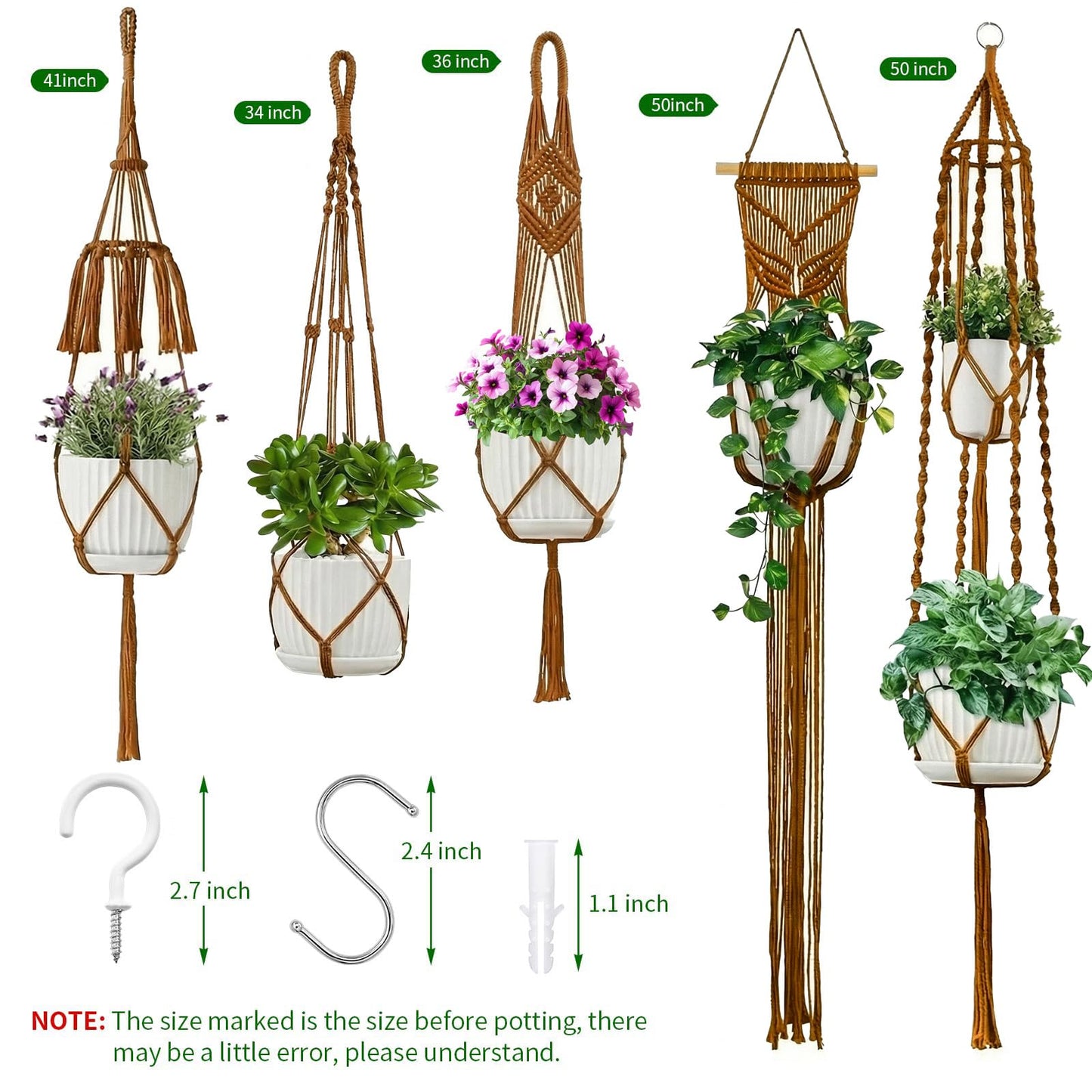 Macrame Plant Hangers 5Pack, Handmade Cotton Rope Hanging Planters for Indoor Plants w/ 5 Set Hooks Hanging Plant Holders Plant Hanger Indoor for Boho Home Decor (Caramel, Planter Pot Not Included)