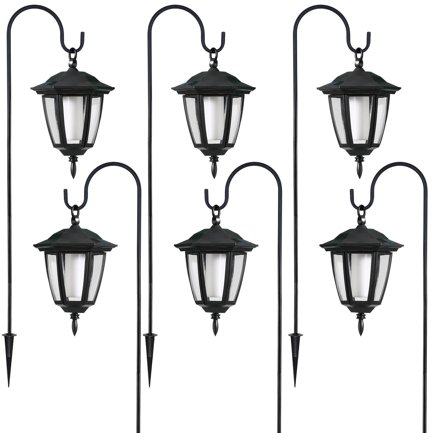 Dynaming 6 Pack Solar Flame Hanging Lights Outdoor, Halloween Solar Flickering Flame LED Garden Lanterns with 6 x 38 Inch Shepherd Hooks, Christmas Lighting for Lawn Patio Yard Pathway Driveway