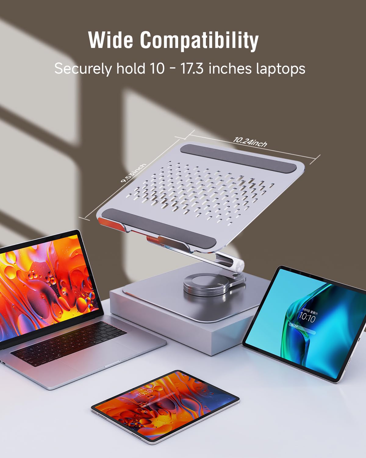 SENZANS Laptop Stand for Desk, Aluminum Alloy Ergonomic Laptop Riser 360 Rotation Base, Portable Adjustable Laptop Stand for Office Home Fits MacBook Air Pro, Dell, HP (10"-17.3'') - Silver