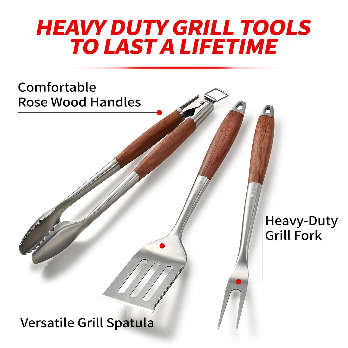 GRILAZ Heavy-Duty Rose Wooden BBQ Grilling Tools Set. Extra Thick Stainless Steel Multi-Function Spatula, Fork & Tongs | Essential Accessories for Barbecue & Grill. Ideal Gift for Fatherโฆ