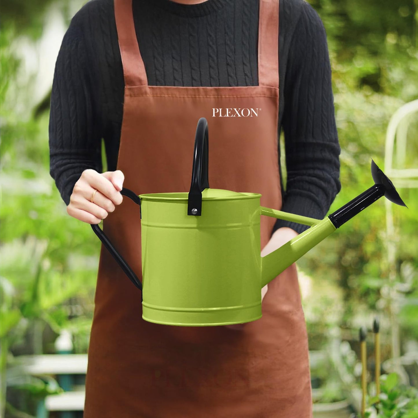 Plexon Metal Watering Can Outdoor 1 Gallon, Flower Plant Gardening Garden Large Green Watering Can Pot, Galvanized Steel Handles - Removable Spray Spout, Green