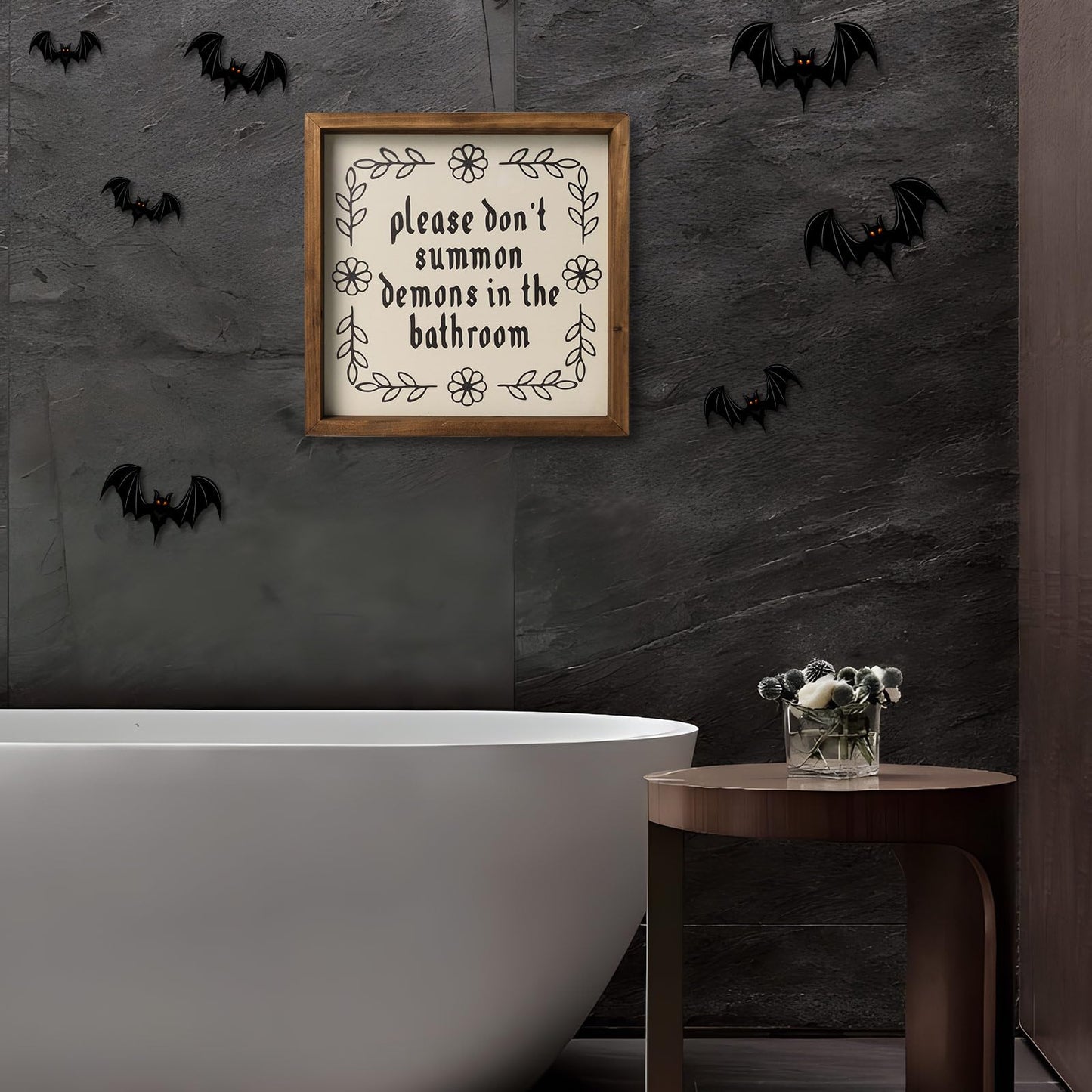 flangairy 11.8" Please Don't Summon Demons In The Bathroom Sign, Wooden Bathroom Wall Decor, Witch Guest Half Bath Rustic Home Art