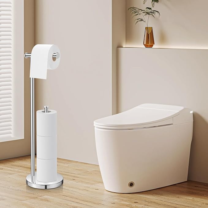 Toilet Paper Holder Stand, Bathroom Toilet Paper Stand with Large Reserve, Non Tipping Weighted Free Standing Toilet Paper Holder, Rustproof & Anti-Corrosion Chrome Toilet Paper Holder Free Standing
