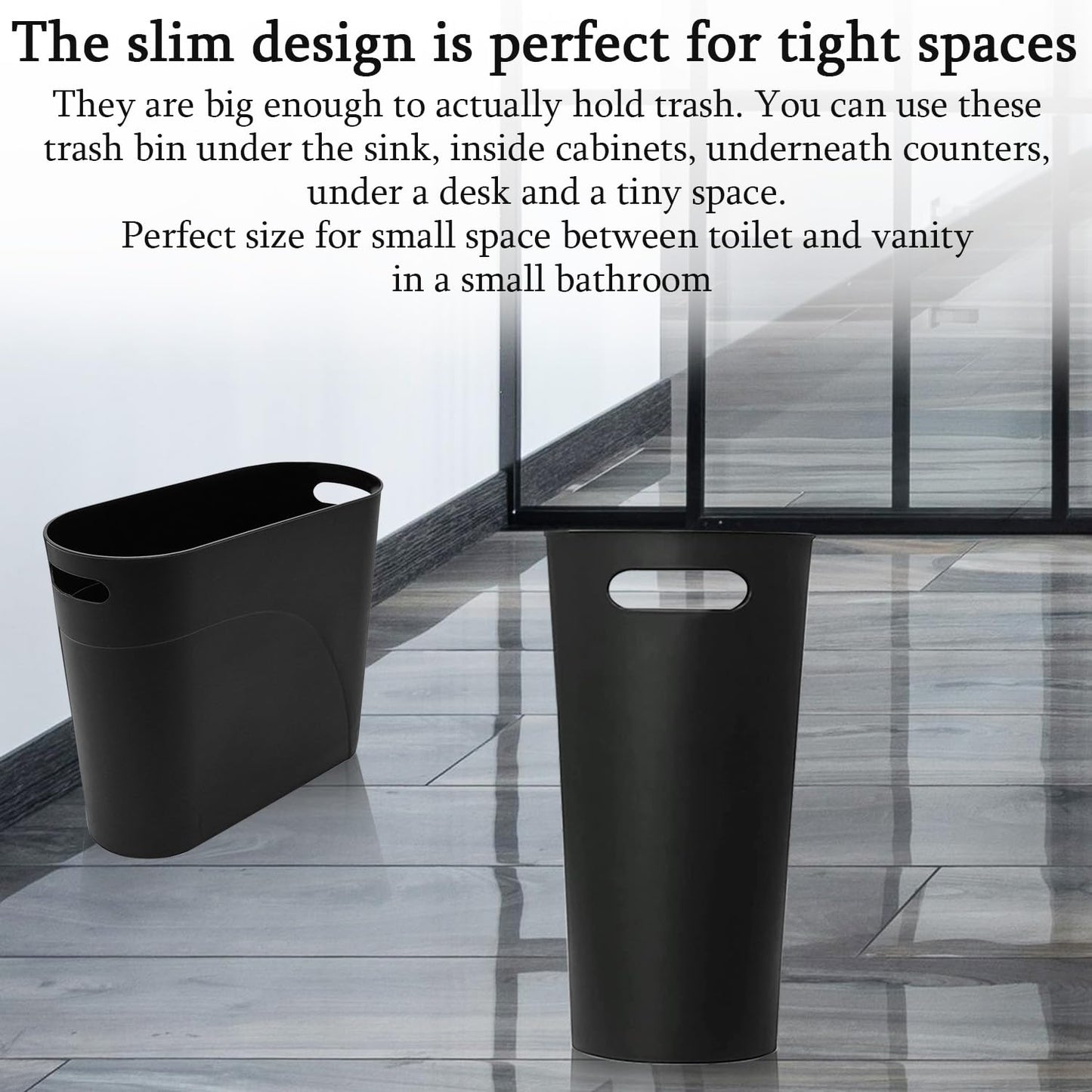 3 Pack Slim Waste Basket 3.2 Gallon Narrow Office Trash Can, Plastic Bathroom Wastebasket Slim Garbage Can Container Bin with Handle for Narrow Spaces Bathroom Bedroom Kitchen Office at Home, Black