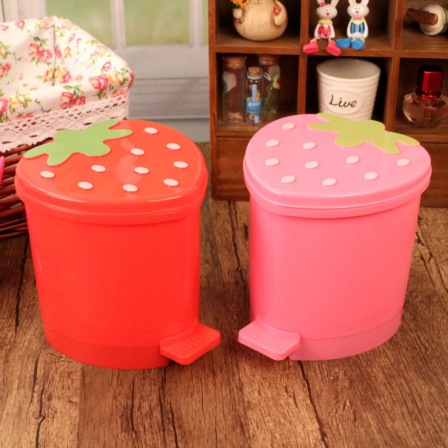 BxuxJar Strawberry Trash Can, 1 Gallon Small Pink Trash Cans with 0.3 Gallon Mini Garbage Can, Cutecore Room Decor Kawaii Cute Trash Can for Bedroom with 2 Rolls Garbage Bag and 3D Cartoon Stickers