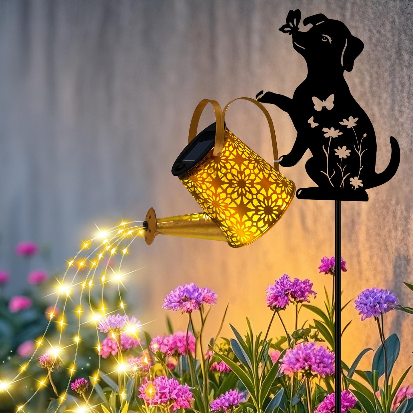 ZFNN Solar Garden Decor Lights, Outdoor Waterproof Solar Watering Can with Cascading Lights, Metal Dog Silhouette Stake Yard Art for Outside Lawn Patio, Unique Gardening Gifts for Women Mom