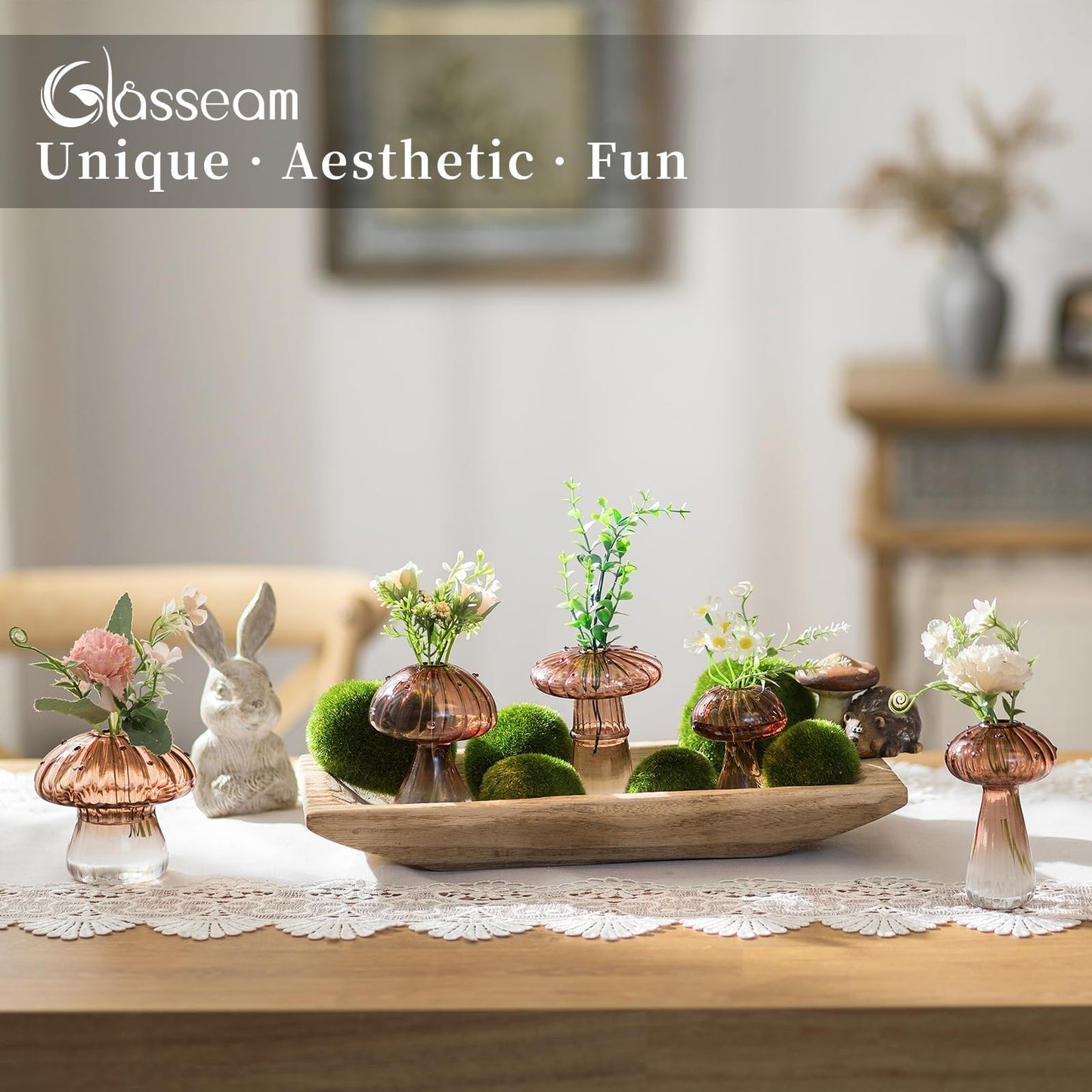 Glasseam Mushroom Plant Propagation Stations: Green Glass Terrarium Jar Set of 5 Cute Planters for Indoor Plants Mini Propagate Station Unique Christmas Birthday Gifts for Women Home Office Decor