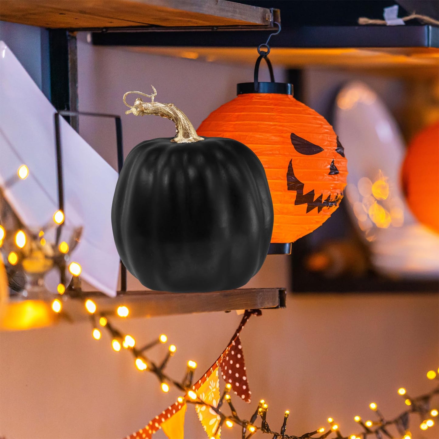 Winlyn 4 Pcs Black Artificial Pumpkins Halloween Pumpkins Faux Decorative Foam Pumpkins 6.7" Tall for Fall Autumn Home Halloween Party Thanksgiving Holiday Tabletop Centerpiece Mantel Shelf Décor