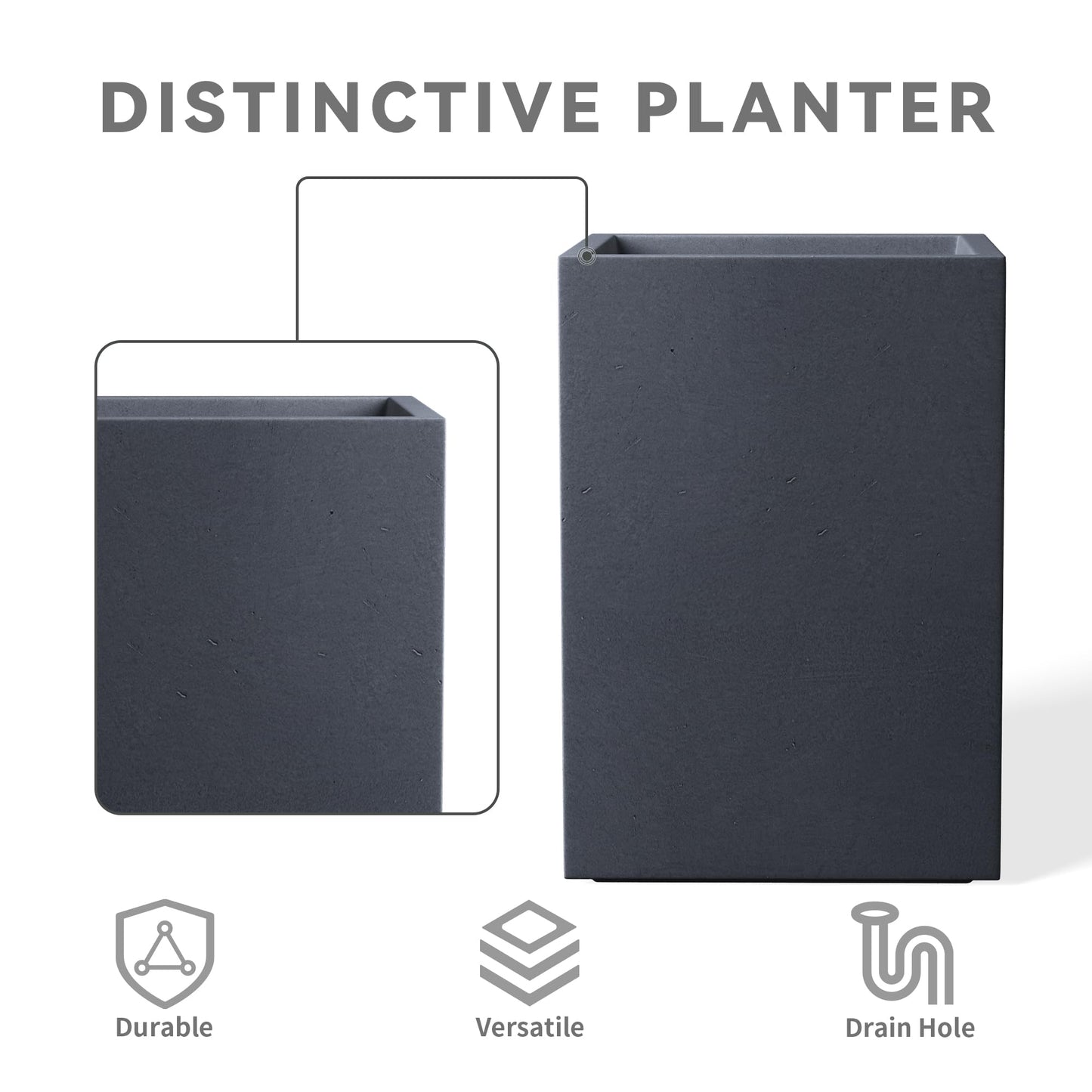 Kante 18.5" H Tall Rectangular Concrete Planters, Outdoor Indoor Lightweight Plant Pots with Drainage Hole and Rubber Plug, Modern Style for Home Garden Patio, Charcoal