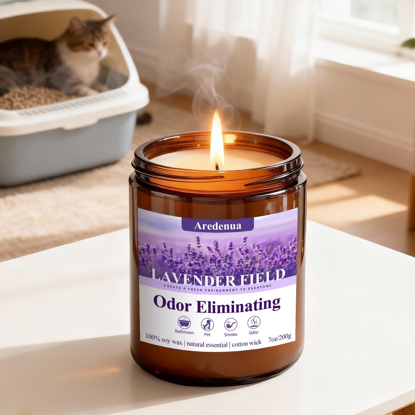 Lavender Odor Eliminating Candles | Eliminates 95% of Pet, Smoke & Bathroom Odors – 7oz Hand Poured Soy Candle - Aromatherapy Stress Relief Scented Candles - Relaxing Gifts for Calm & Fresh Homes