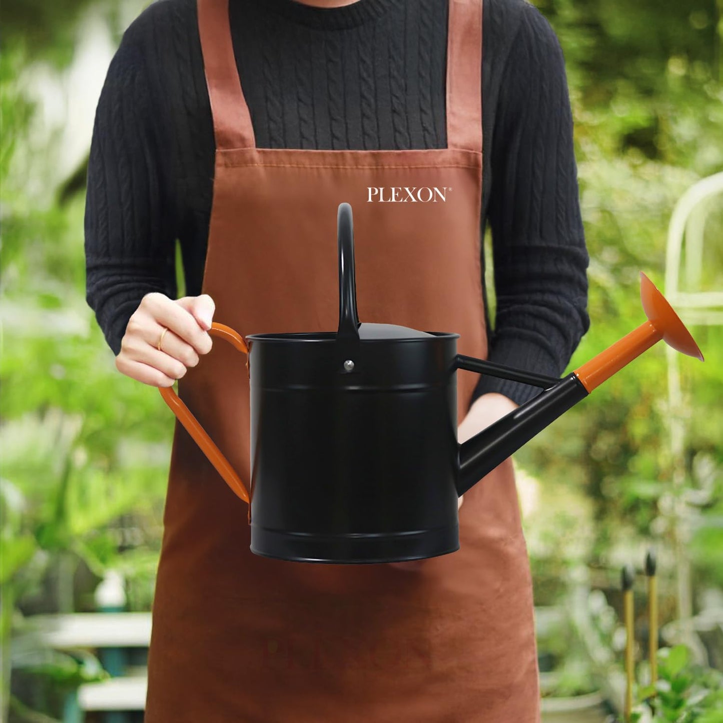 Plexon Metal Watering Can Outdoor 1 Gallon, Flower Plant Gardening Garden Large Watering Can Pot Pitcher, Steel Orange Handles and Removable Spray Spout, Black