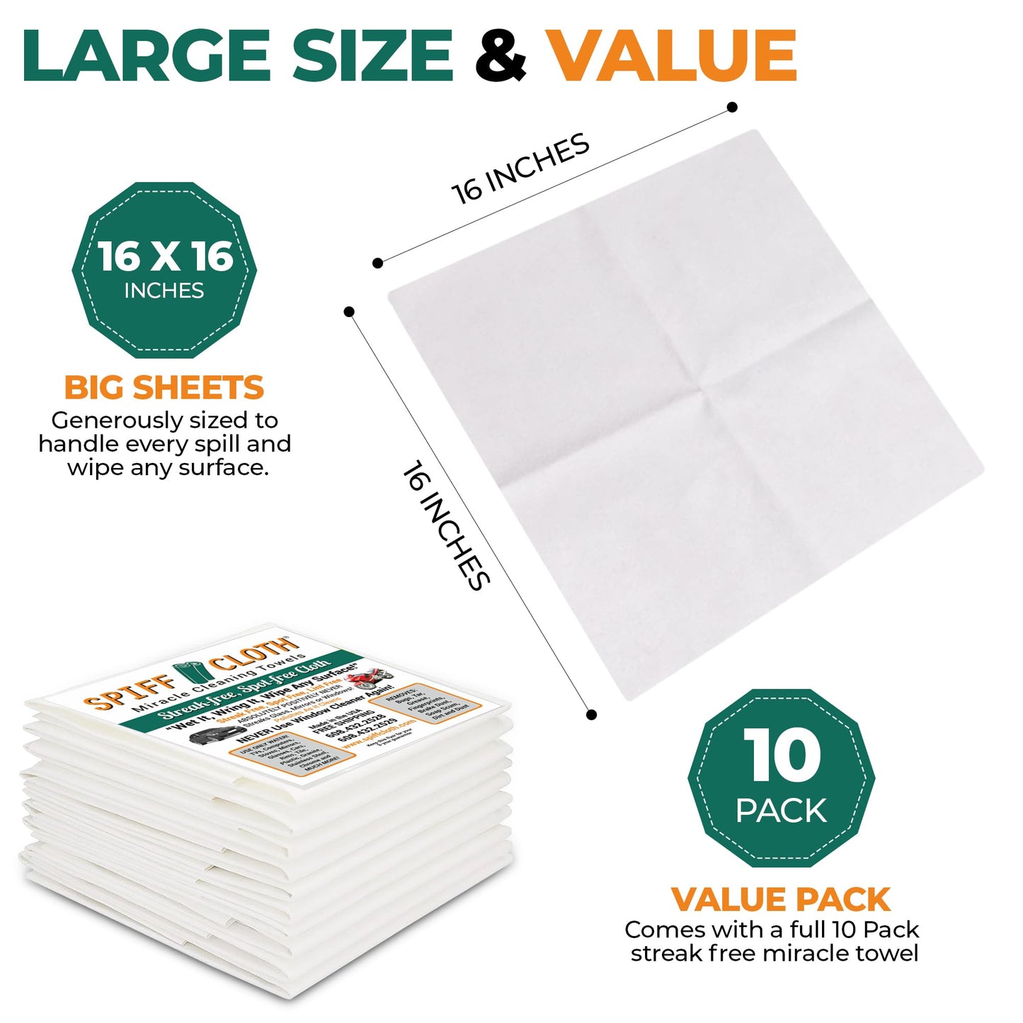 Spiff Cloth Miracle Cleaning Towels (10-Pack), Streakfree Cloths for Multi-Purpose Cleaning, Chemical Free, 16" x 16" Reusable and Washable