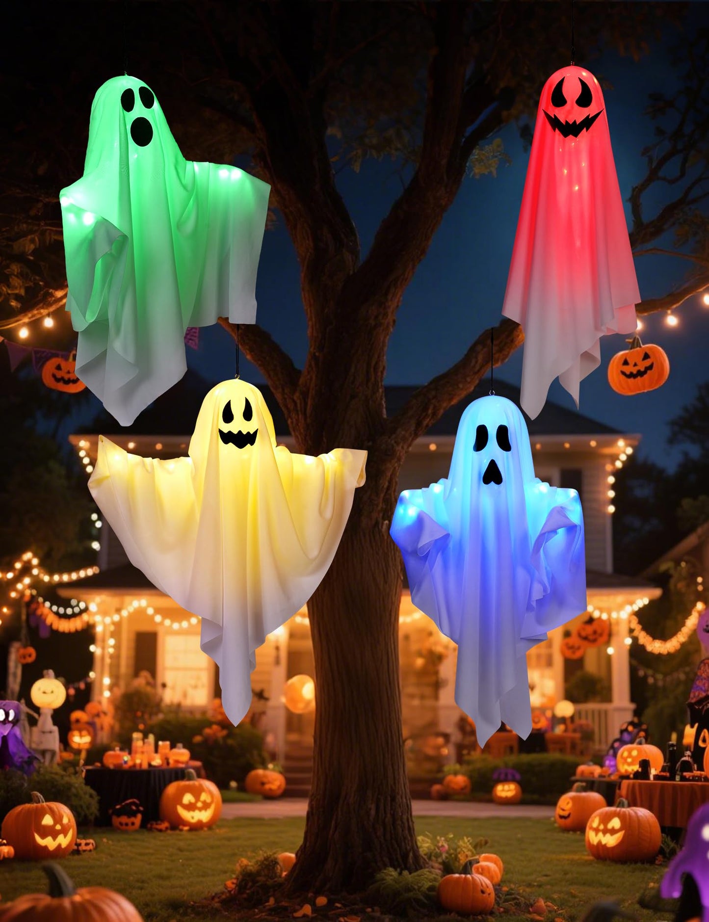 Lightshyer Halloween Decorations Outdoor Indoor 4 Pack Hanging Ghosts Halloween Haunted House Light Up Kit Decor for Tree House Yard Porch Window Bedroom Party