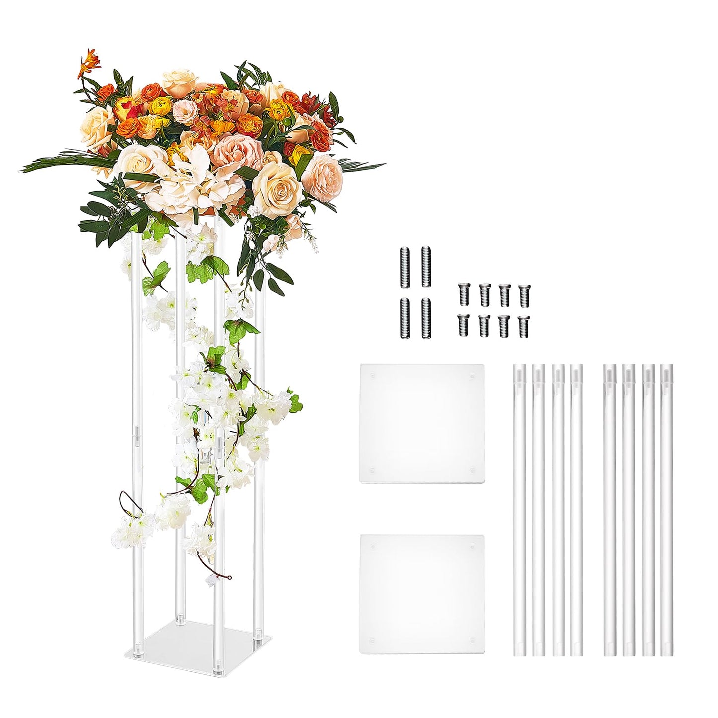 Happybuy 2PCS 31.5inch Wedding Flower Stand, Acrylic Vase Column Geometric Centerpiece, Floral Display Rack with Acrylic Laminate for Events, Reception, Party, Home Decoration