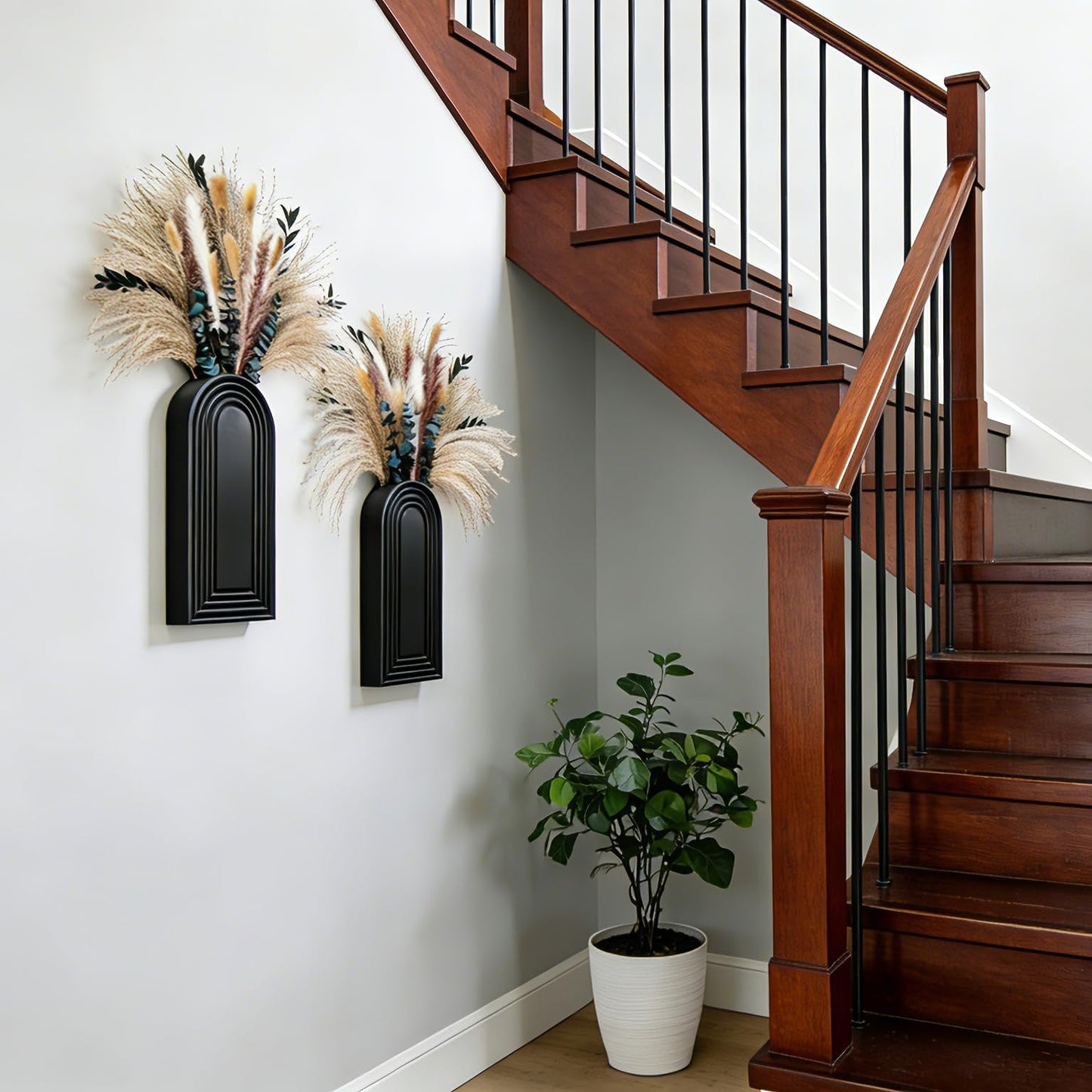 2 Pack Wooden Wall Vase Set with Pampas Grass Eucalyptus, Modern Farmhouse Boho Wall Decor for Living Room, Entryway, Hallway, Bathroom, Dining Room, Black Wall Art for Home Decoration