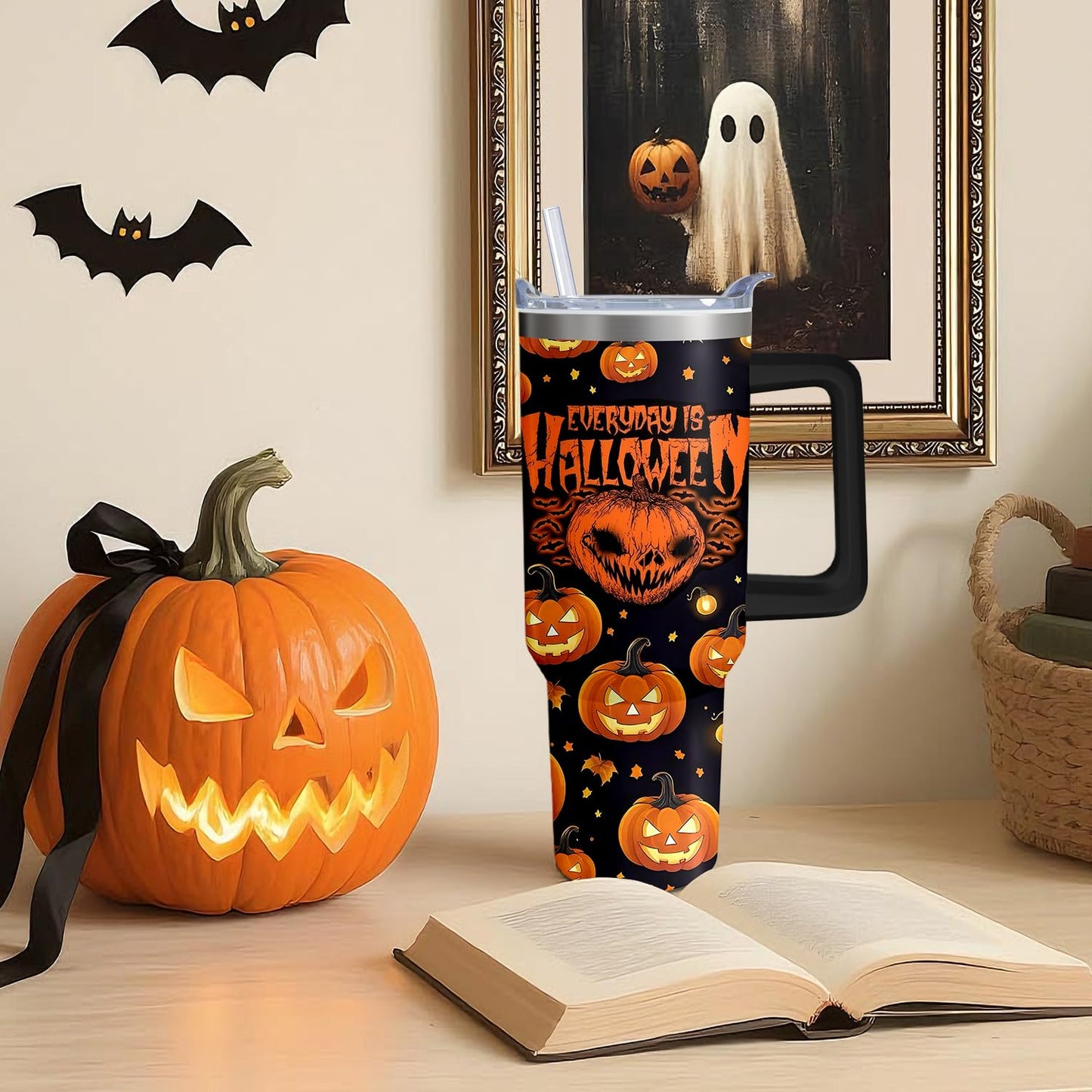 40oz Halloween Pumpkin Gift Fall Tumbler with Handle and straw, Horror Scary Spooky Stainless Steel Insulated Cup, Coffee Mug Water Bottle for Halloween