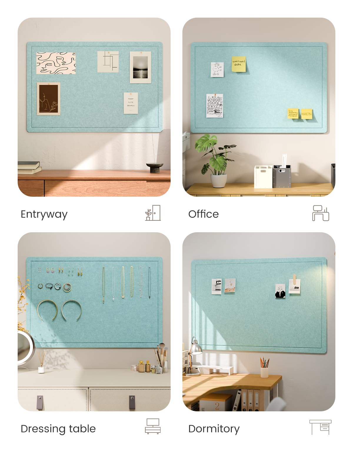 Fluxynara Bulletin Board,35.4" x 23.6" Cork Board Alternative with 12 Safe Removable Adhesive Tabs, Foldable Felt Pin Board for Home Office, Classroom, Bedroom,Entryway for Walls—Aqua Blue