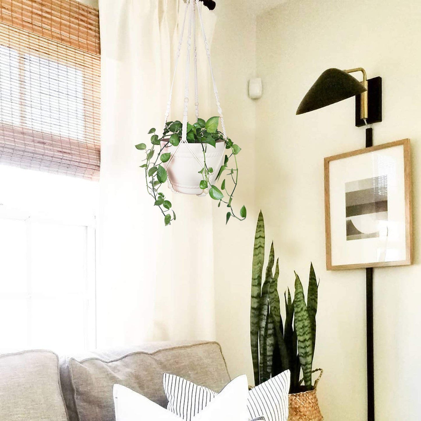 Bouqlife 43 Inches Macrame Plant Hanger Large for 14 inch Pot Extra Long No Tassel Cotton Rope Hanging Plant Holder with Ceiling Hook Bohemian Home Décor Beige 2Pack