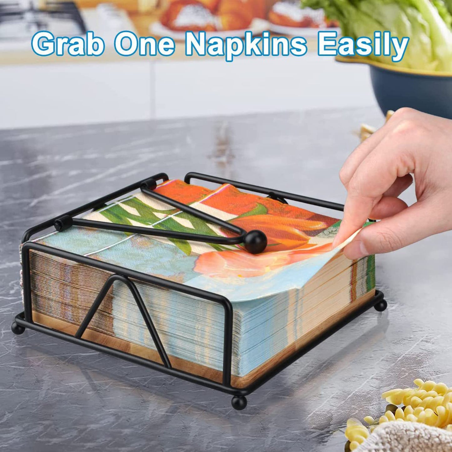 Aeibun Metal Napkin Holder for Table with Weight Arm - Flat Paper Napkins Holders for Kitchen Table with Wooden Base, Farmhouse Tissue Holder Dispenser for Cocktail, Bathroom, Party, Room Decor