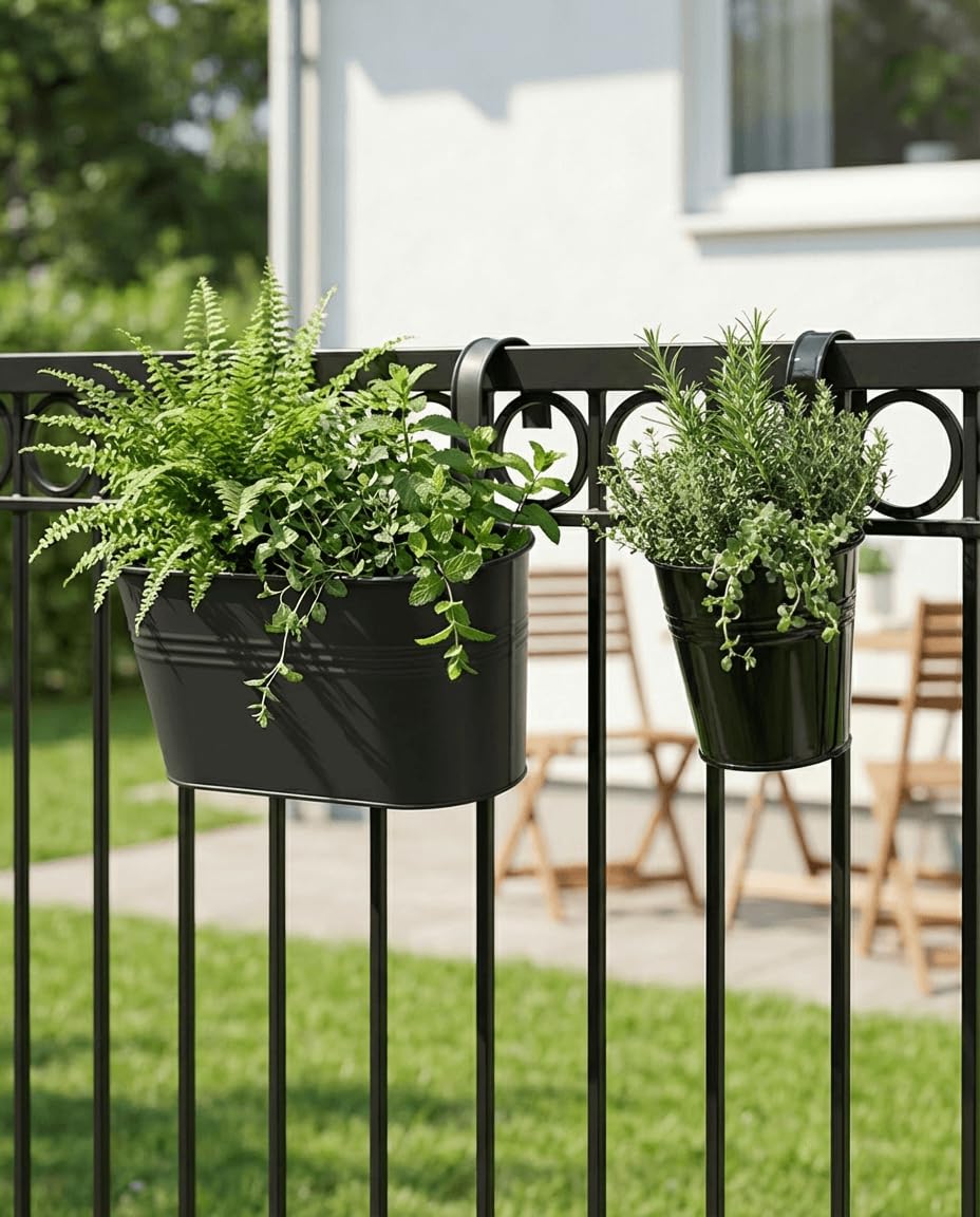 vensovo 10 Pcs Metal Railing Planters Set, 10.8" Oval & 3.9" Round Hanging Flower Pots with Detachable Hooks, Black Fence Planter Baskets for Outdoor Plants, Herbs & Succulents, Garden Decor