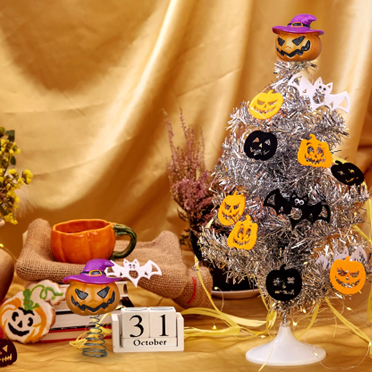Queekay Halloween Tree Topper Spooky Pumpkin Skull Ghost Miniature Tree Topper 4 Inches Mini Christmas Ornaments for Halloween Party