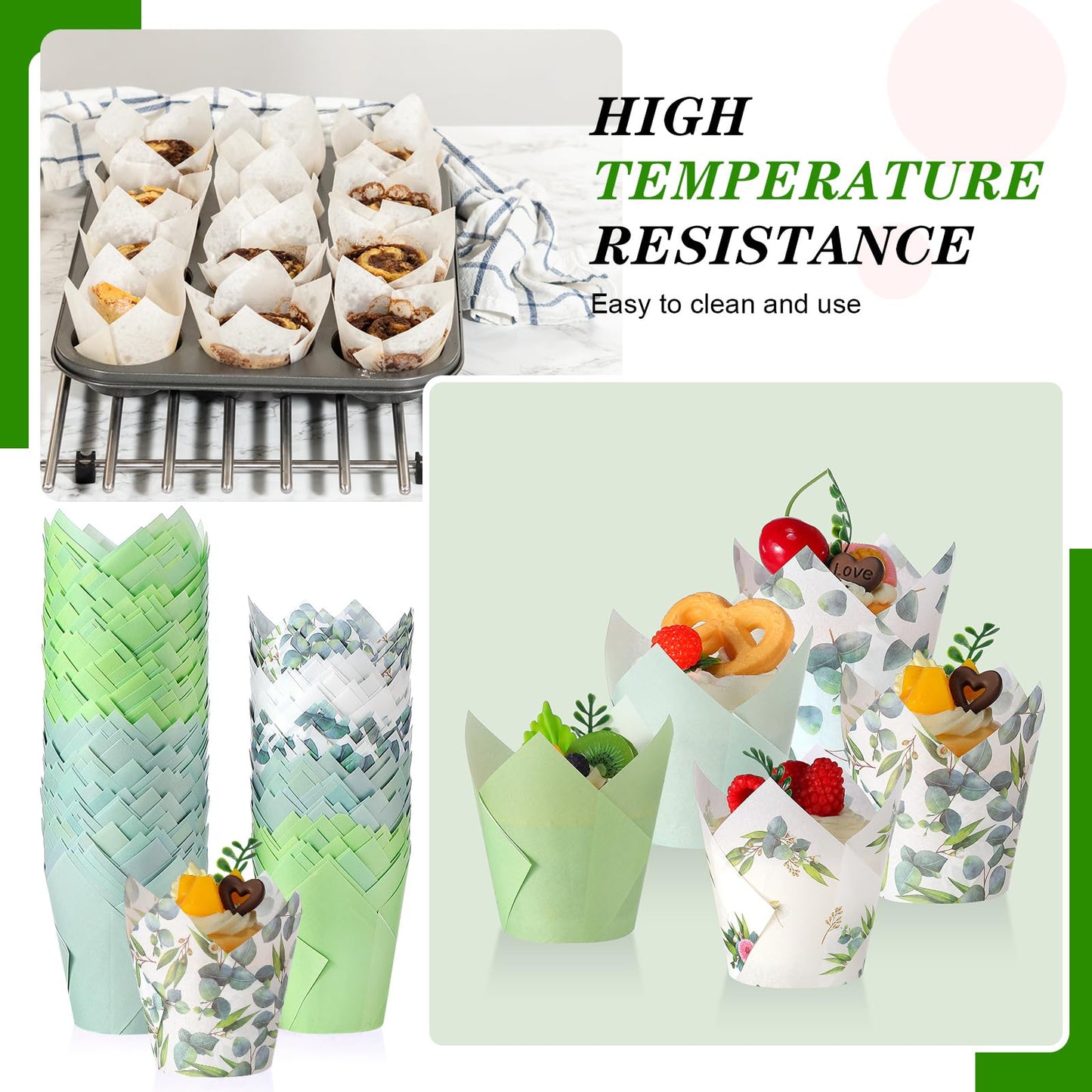 Havawish 500 Counts Green Tulip Cupcake Liners Birthday Party Eucalyptus Muffin Cupcake Baking Liners Grease Proof Cake Liner Holders for Wedding Birthday Party