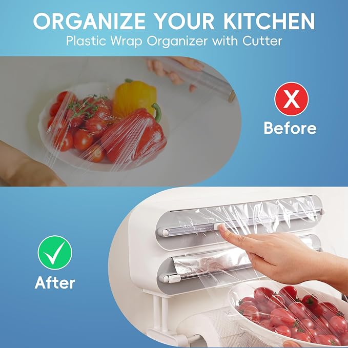 Magnetic Plastic Wrap Dispenser with Cutter,3 in 1 Aluminum Foil wrap Organizer,Upgrade Practical Refillable Cling Wrap Film Cutter,Wall Mount Kitchen Wrap Dispenser - Fits 12" Roll, White
