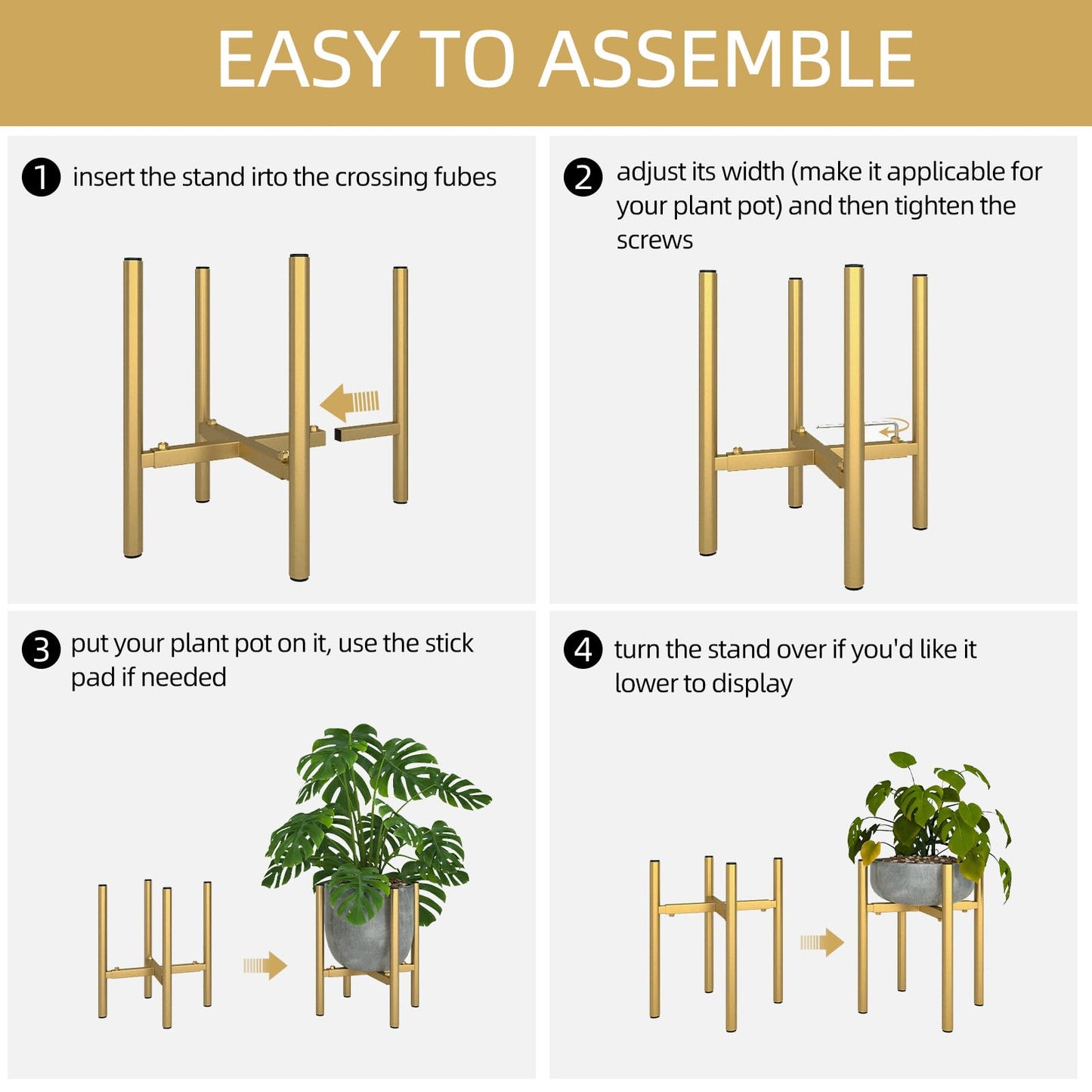 Rioneta Adjustable Metal Plant Stand Indoor, 8 to 14 Inch Pots Mid Century Modern Outdoor Planter Holder,Heavy Duty 160 LB Load, Corner Floor Small Stand for Home Garden Decor Golden