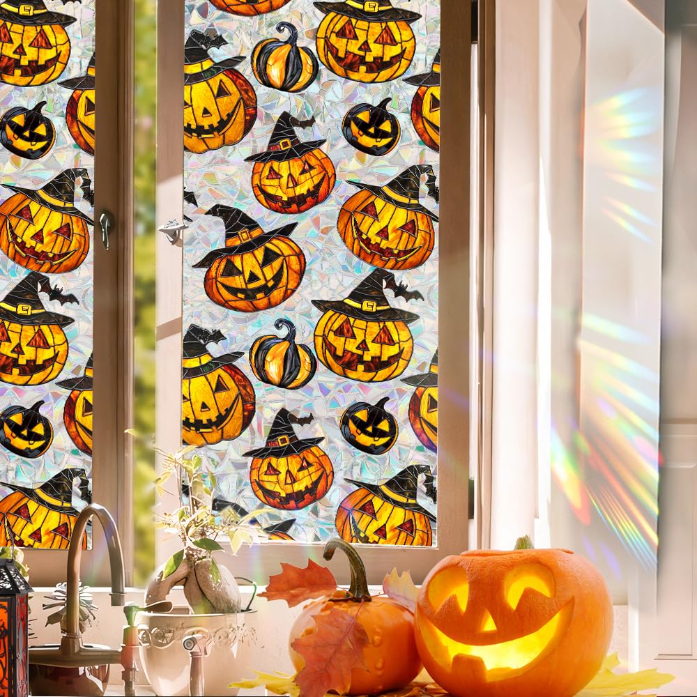 Bloss Halloween Window Clings,Stained Glass Windows Film,Pumpkin Glass Fall Windows Clings, 3D Decorative Privacy Films,Cute Halloween/Thanksgiving Window Stickers for Home Decor, 17x39.4Inch